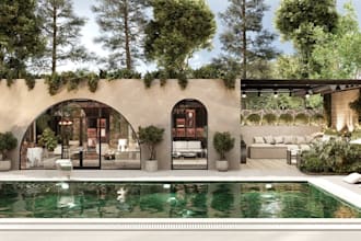 modern 3d villa garden render, swimming pool design, landscape house architect