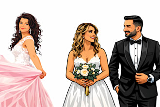 create wedding sketch, caricature, family caricature and birthday flyer