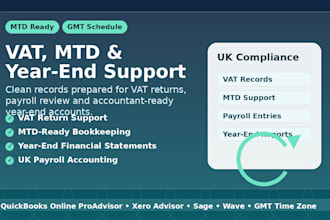l do UK bookkeeping, vat return, payroll, mtd, cleanup in quickbooks, xero