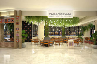design realistic 3d restaurant with artistic lighting, fusion eatery public cafe