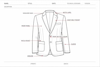 create structured menswear tech pack for tailored jackets, blazers and trousers