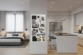 create modern interior design 3d rendering  for bedroom kitchen with mood board