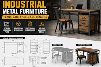 draft industrial metal furniture plans, cad layouts and 3d renders