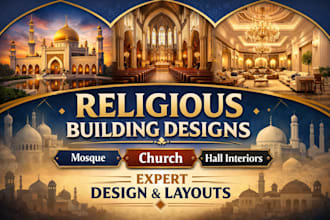 design religious building mosque, church, hall interior exterior design layout