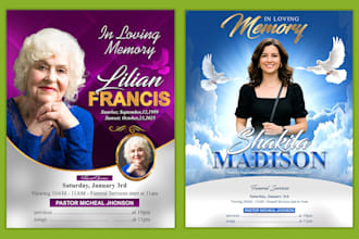 design funeral, memorial, tribute, celebration of life flyer and posters