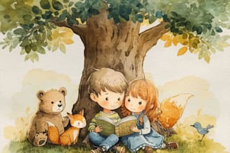 create watercolor children book illustration with cute kids