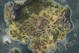illustrate unique fantasy world map design for games, campaigns fiction
