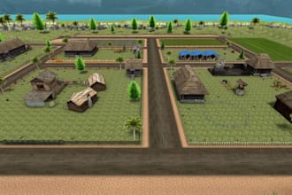 design 3d terrain village environment for game, rustic hut, terrain house render