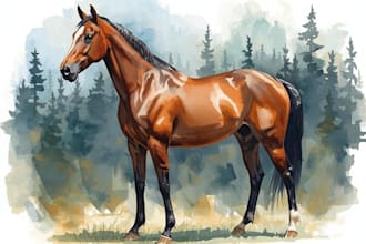 draw watercolor illustrations of animals, horse, and nature