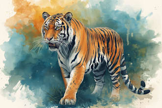 create watercolor portrait illustration of tiger