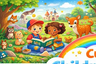create cute kids storybook illustration, african american characters, animal art