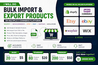 bulk import and export products on shopify, woocommerce, etsy,ebay,wayfair,wix