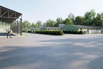 provide 3d space render,industrial retail,warehouse exterior layout,loading dock
