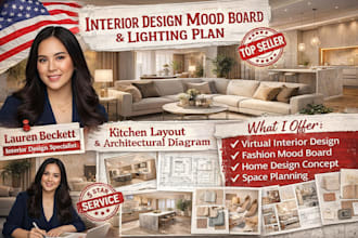 create interior design mood board, lighting plan, kitchen layout diagram