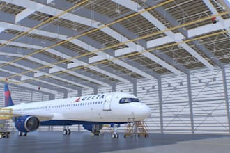 innovate 3d aircraft hangar, render architectural warehouse, 3d workspace design