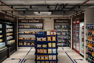 render 3d cgi boutique market interior,grocery store design,counter space design
