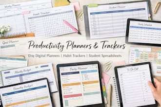 design productivity etsy hyperlinked planner, habit tracker, student spreadsheet