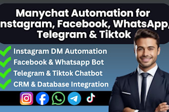 automate instagram, facebook, whatsapp, telegram, tiktok using manychat chatbot