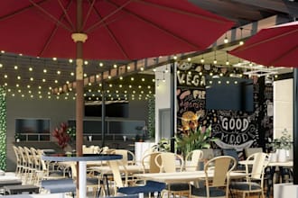 reimaging modern restaurant rooftop design, coffee shop, cgi  lounge interior
