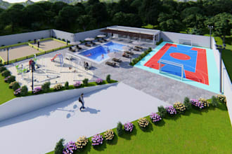 revitalize residential recreation areas, outdoor sport court design, pool render