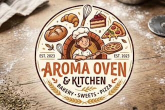 create a food bakery, sweets, pizza logo for your restaurant