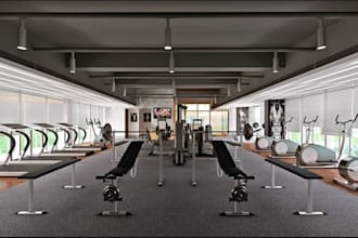 design corporate gym, wellness studio interior fitness center layout 3d render