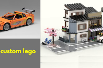 design 3d lego minifigure, technic car, house, bike with manual instructions
