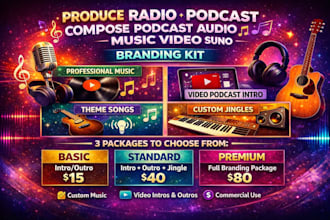 produce radio podcast compose podcast audio  logo music video suno branding kit