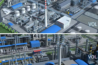 design detailed 3d oil refinery, model with, interior exterior views