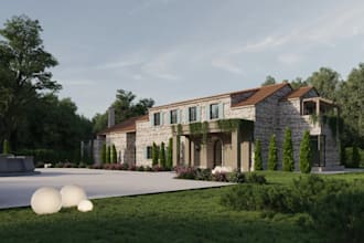 craft 3d tuscany style exterior,cgi brick villa,stone patio area,balcony render