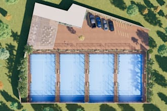 visualize padel sports club,cafe lounge design, padel tennis facility,paking lot