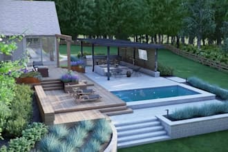 do landscape design, backyard landscape design, pool, garden design 3d rendering