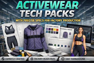 create premium activewear tech packs with precise specs for factory production