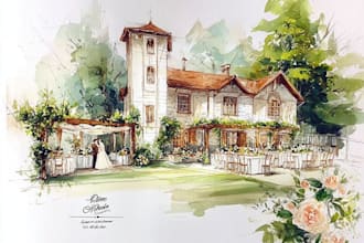 draw watercolor wedding venue, house, landscape