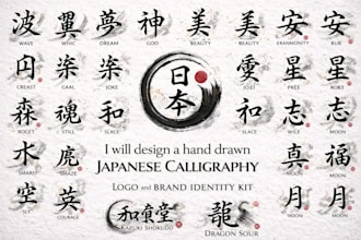 design a hand drawn japanese calligraphy logo and brand identity kit