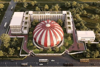 fabricate 3d retreat complex,urban planning,aerial view render, courtyard design