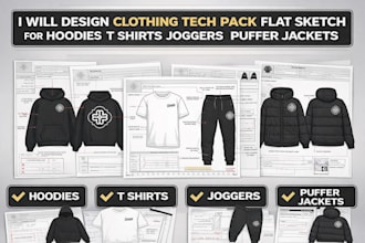 design clothing tech pack flat sketch for hoodies t shirts joggers puffer jacket