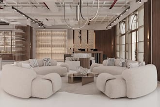 design modern welcoming reception, lobby, waiting area interior, showroom render