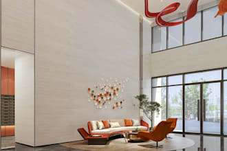 revitalize3d lobby interior,commercial space render,waiting lounge design,layout