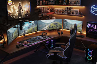 design a modern 3d gaming room, streaming setup and rgb gamer room renders