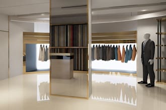 rejuvenate 3d cloth shop interior,cicek showroom render,racks design,lobby decor