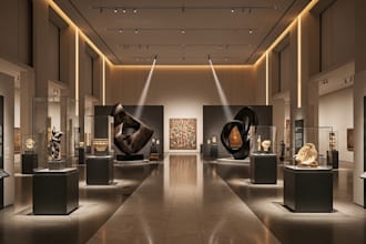 design 3d art gallery interior, 3d museum exhibition render, metaverse and nft