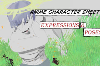 create detailed anime character reference sheet expressions poses