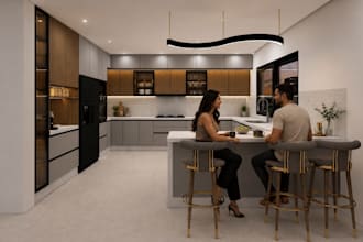 create modern 3d kitchen design and realistic rendering
