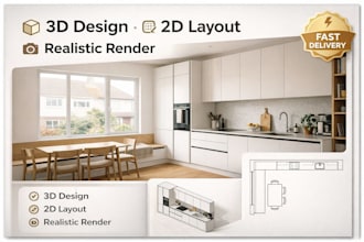 create photorealistic 3d kitchen design and render