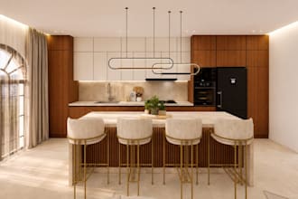 design a modern 3d kitchen with photorealistic render
