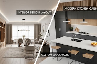 design interior layout, woodwork and modern kitchen cabinets