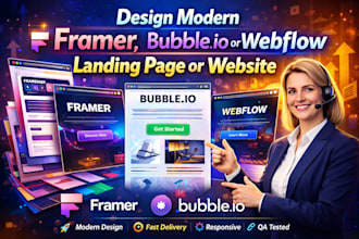 design modern framer, bubble io or webflow landing  page or website