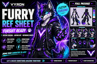 drawcustom furry art, fursona, anthro character and fursuit reference sheet