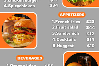 design a creative printable restaurant menu cafe menu or bar menu